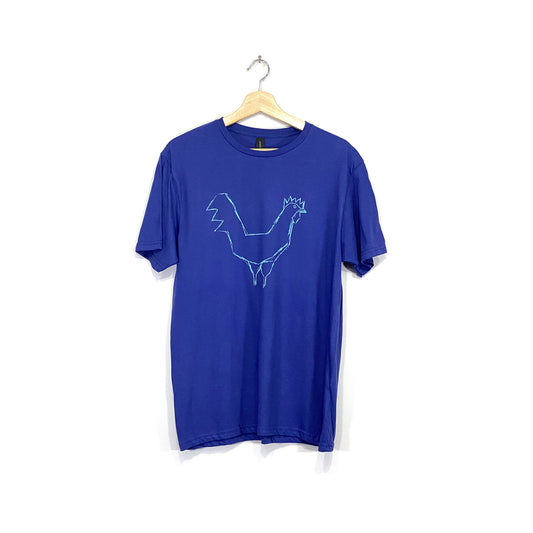 A royal blue cotton crew neck short sleeved t-shirt with a light blue chicken drawing printed on the front