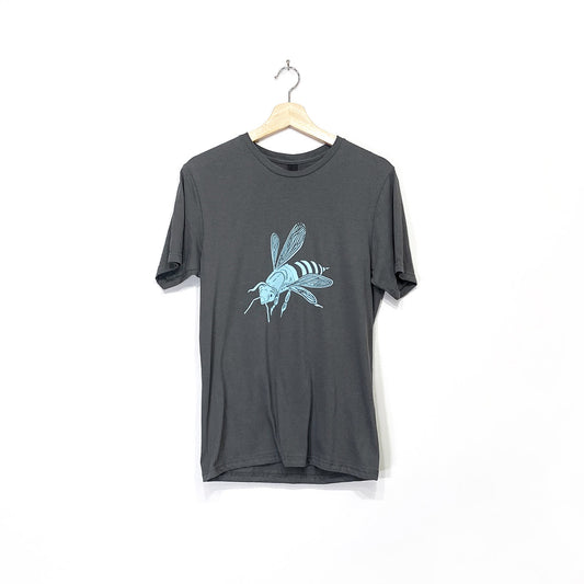 Charcoal grey crew neck short sleeved cotton t-shirt screen printed with a light blue bee illustration