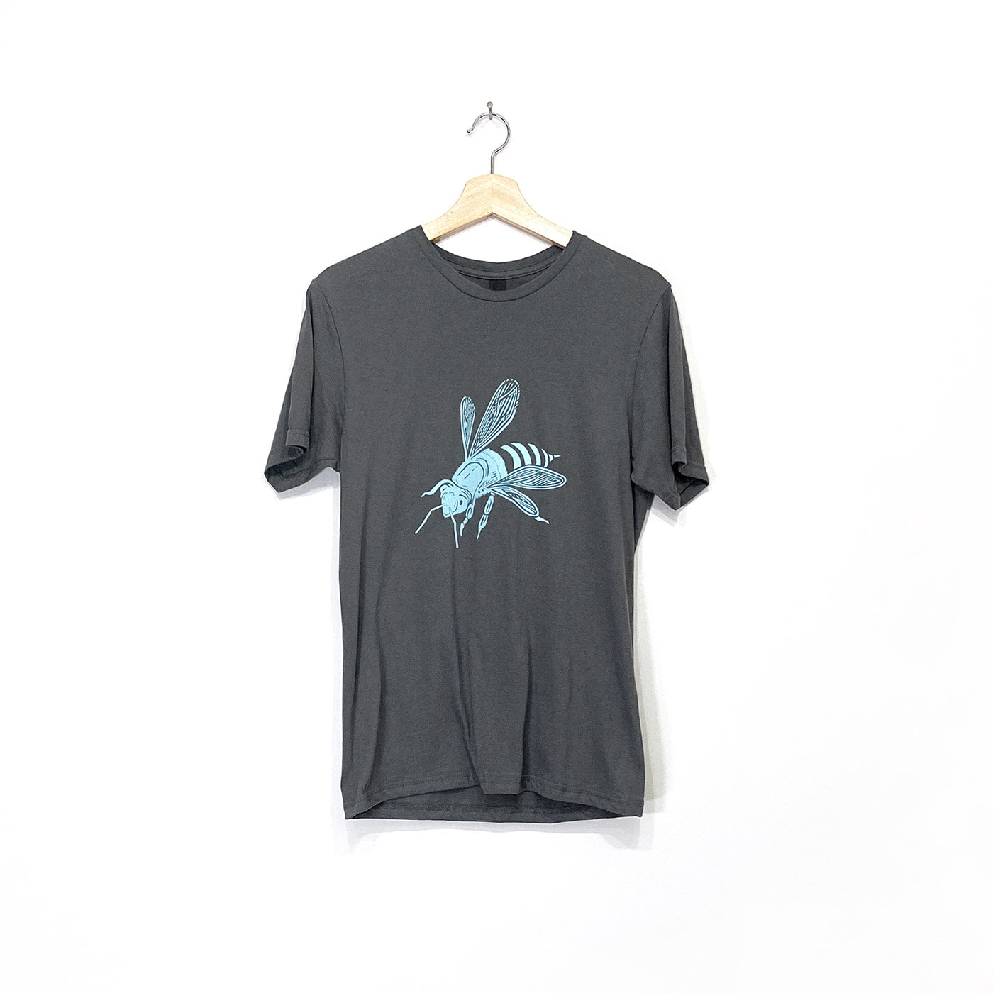 Charcoal grey crew neck short sleeved cotton t-shirt screen printed with a light blue bee illustration