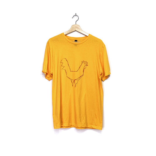 A golden yellow cotton t-shirt with a crew neck and short sleeves with a red hand drawn chicken screen printed on the front