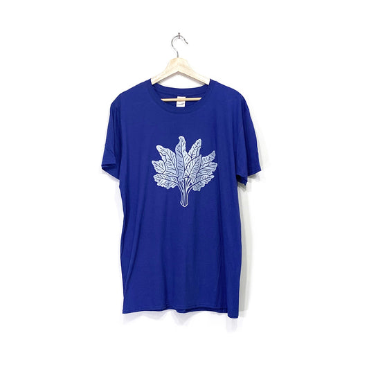 A royal blue crew necked short sleeved cotton t-shirt screen printed with a metallic silver swiss chard