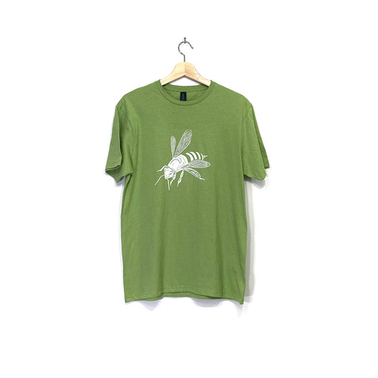 White bee design screen printed on the front of a light green cotton t-shirt